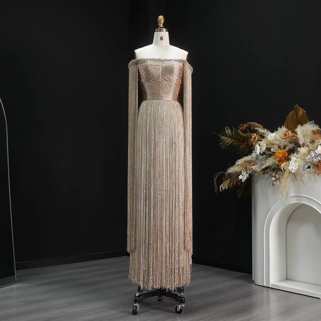 Gold Tassel Formal Gown | Off-Shoulder | Floor-Length
