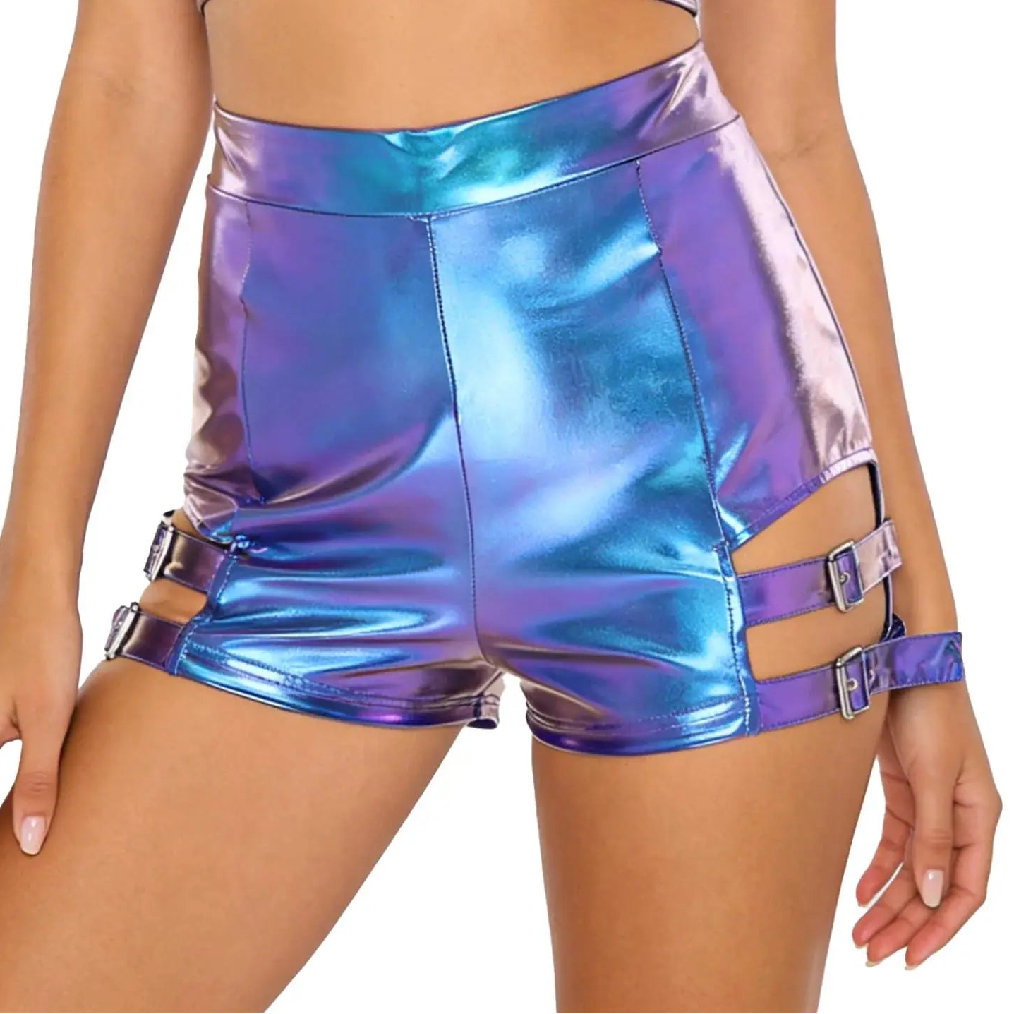 Holographic High-Waist Shorts | Cutout + Metal Buckles