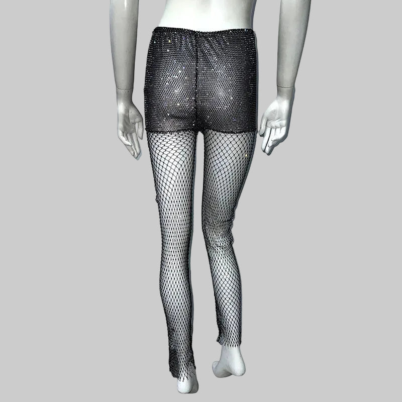 Rhinestone Fishnet Pants - Sheer Mesh Trousers
