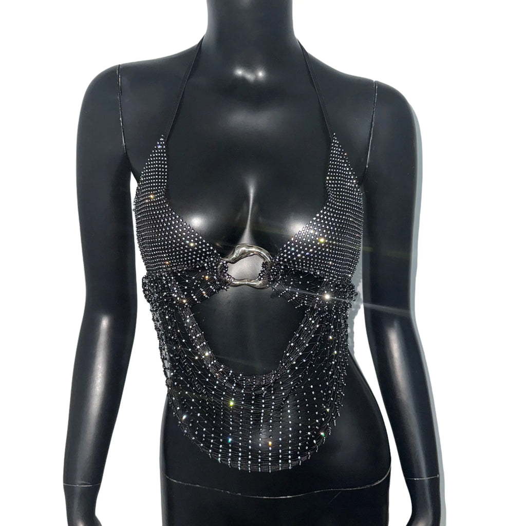 Elastic Mesh Rhinestone Halter Crop Top - Deep V Backless Tank