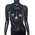 Elastic Mesh Rhinestone Halter Crop Top - Deep V Backless Tank
