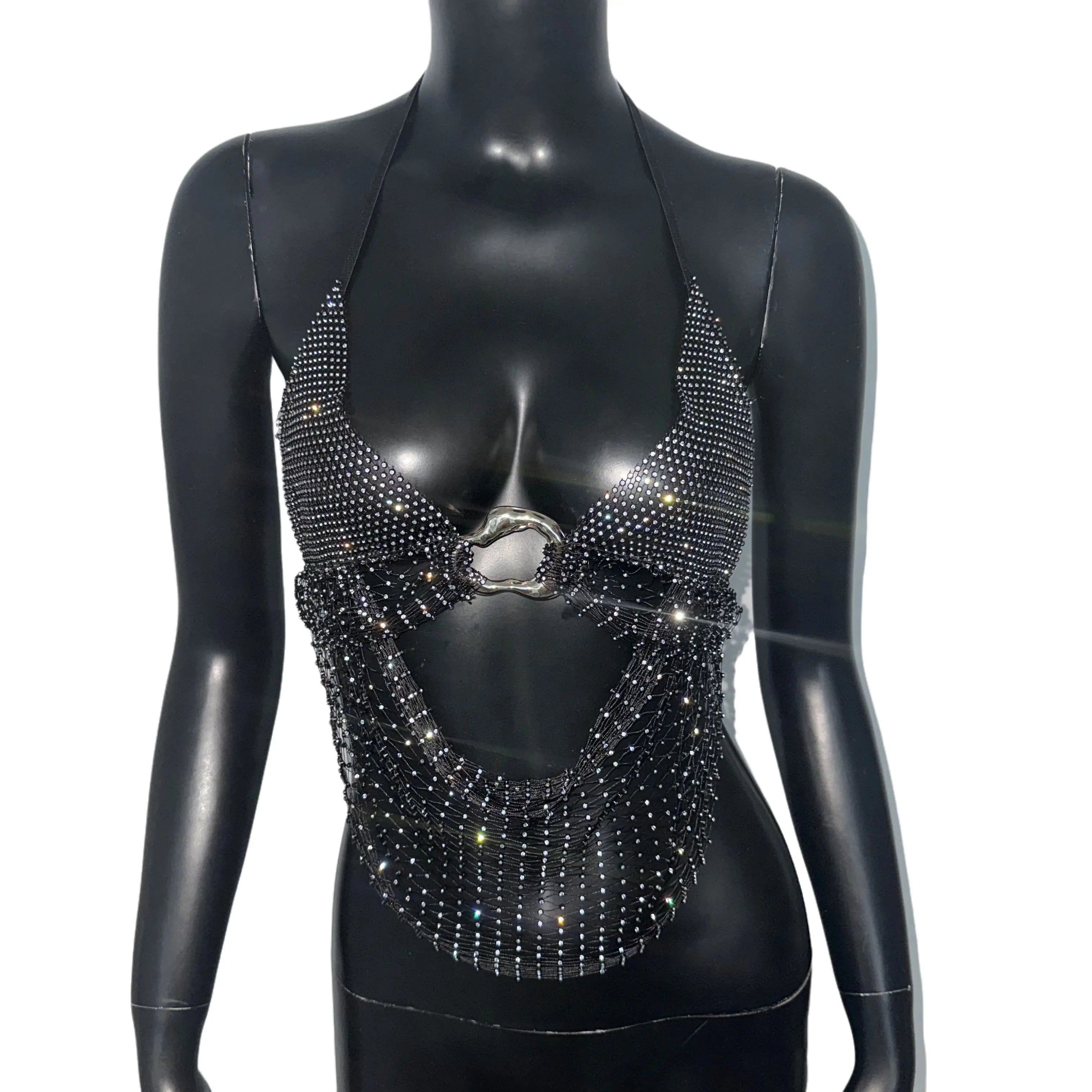 Elastic Mesh Rhinestone Halter Crop Top - Deep V Backless Tank