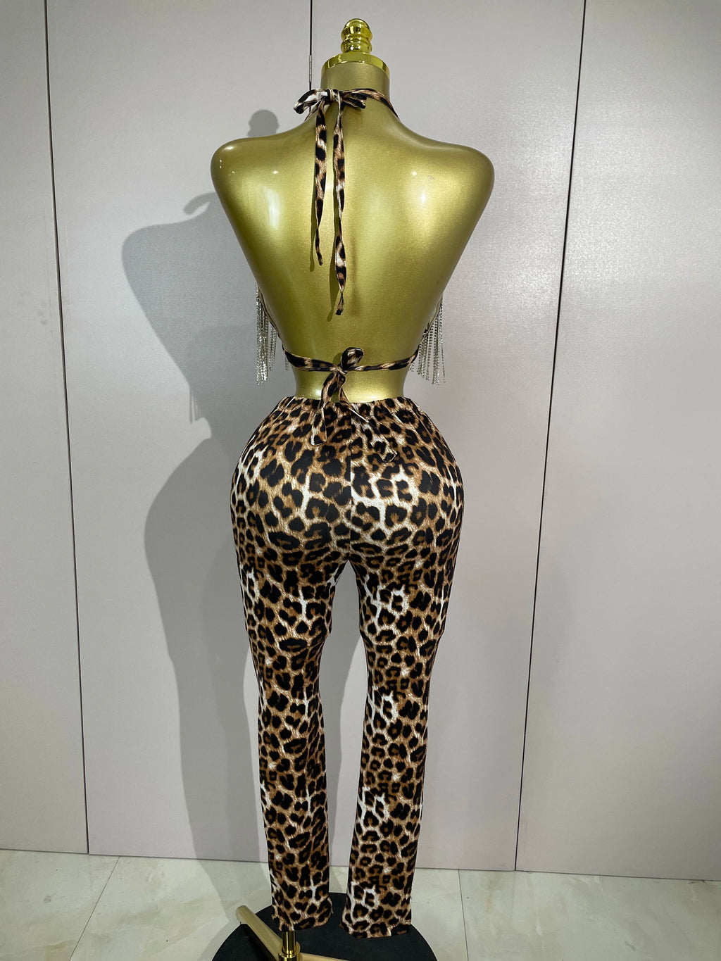 Leopard Rhinestone Chain Two-Piece Set | Crop Top & Pants