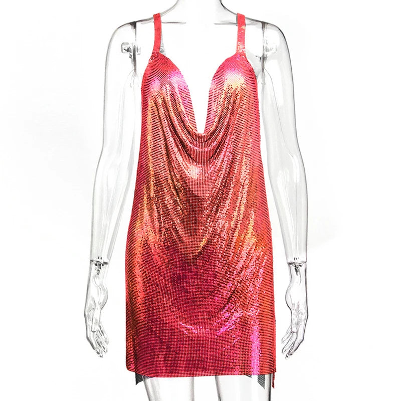 Sparkly Metal Sequin Halter Mini Dress - Backless Side Split Party Dress