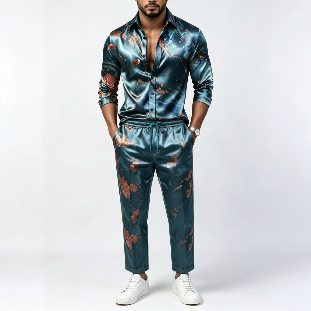 Men's Satin Shirt & Pants Set | Metallic Gold Print | Stage & Party