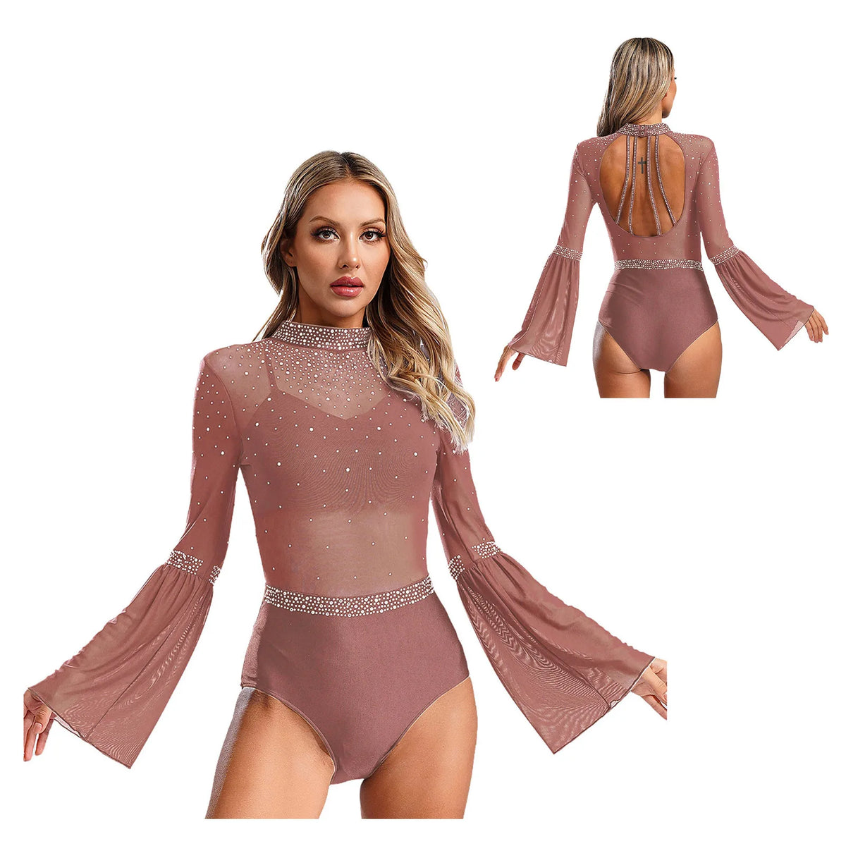 Celeste Rhinestone Flare-Sleeve Bodysuit