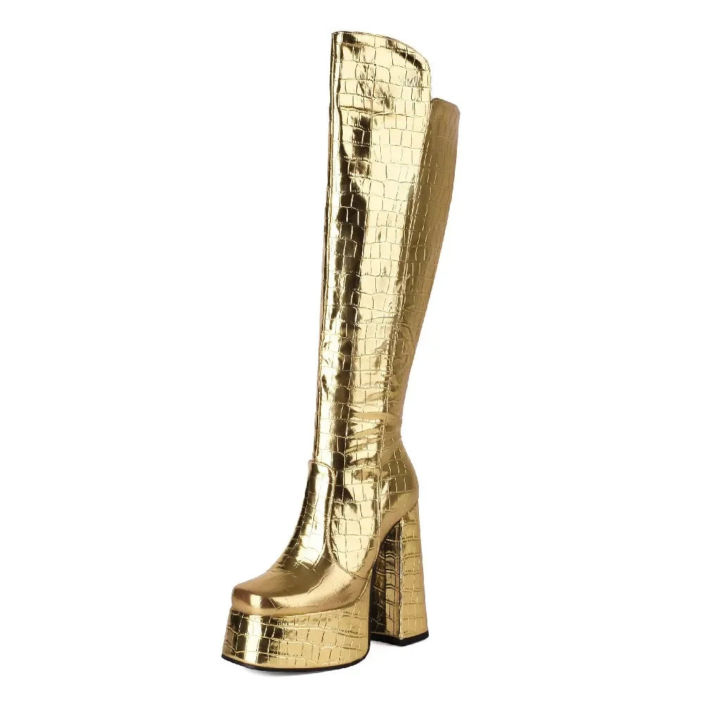 Knee-High Platform Boots | Croc-Effect | 14cm