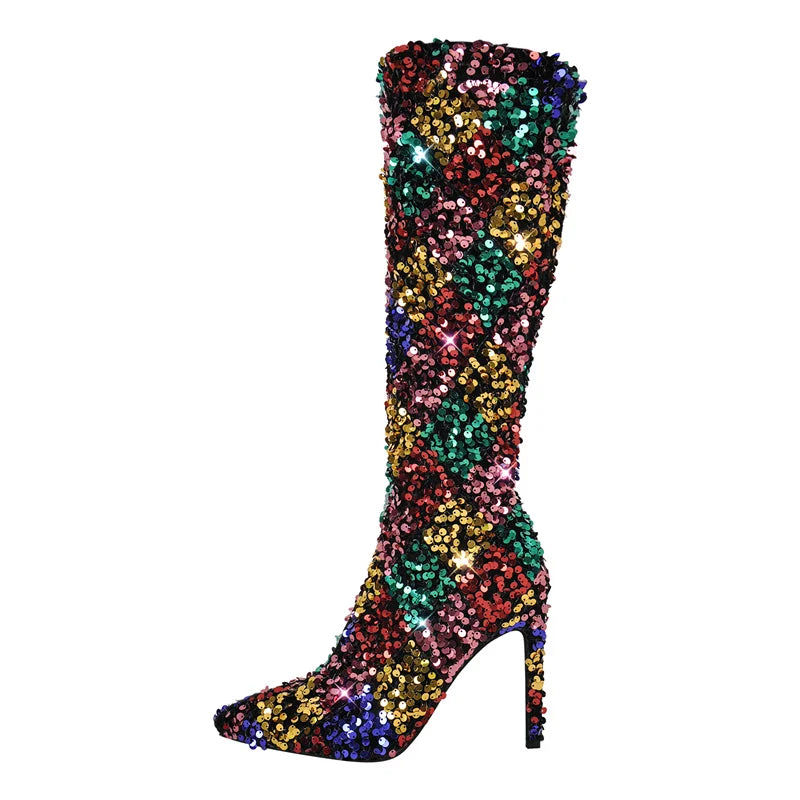 Sequin Stiletto Mid-Calf Boots