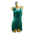 Green Rhinestone Latin Dance Dress with Fringe & Tassel Details