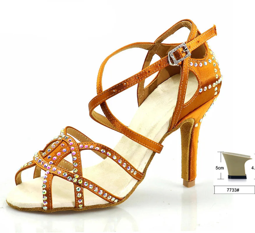Bronze Rhinestone Latin Dance Heels | Satin | 5–10cm