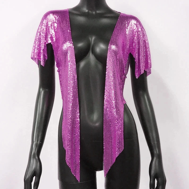 Metal Sequin Crop Cardigan - V-Neck Festival Performance Top