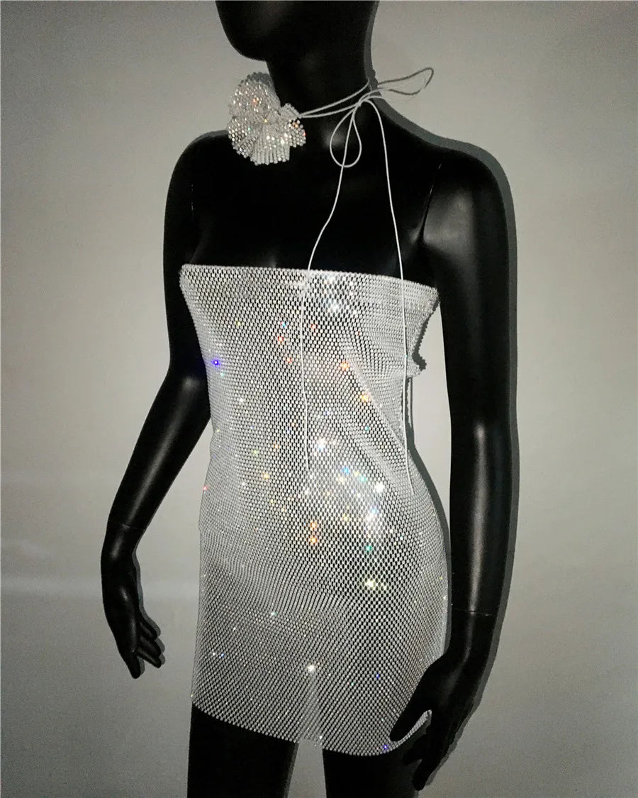 Rhinestone Strapless Mini Dress with Flower Choker - Sheer Party Dress
