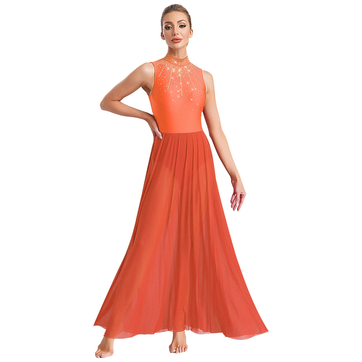 Women's Rhinestone Halter Lyrical Dance Dress | Irregular Mesh Ruffle Hem | Competition & Performance