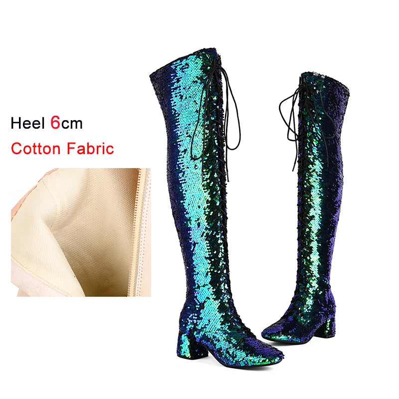 Glitter Sequin Over-the-Knee Boots | Lace-Up | 6cm Block Heel