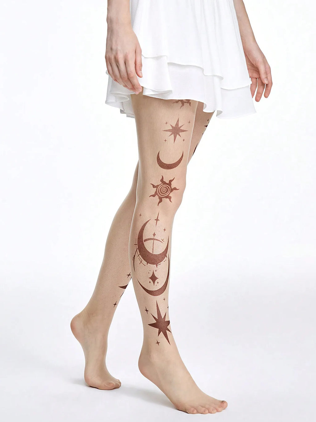Star & Moon Print Tights | Sheer Patterned Pantyhose | Black & Nude