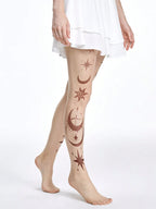 Star & Moon Print Tights | Sheer Patterned Pantyhose | Black & Nude