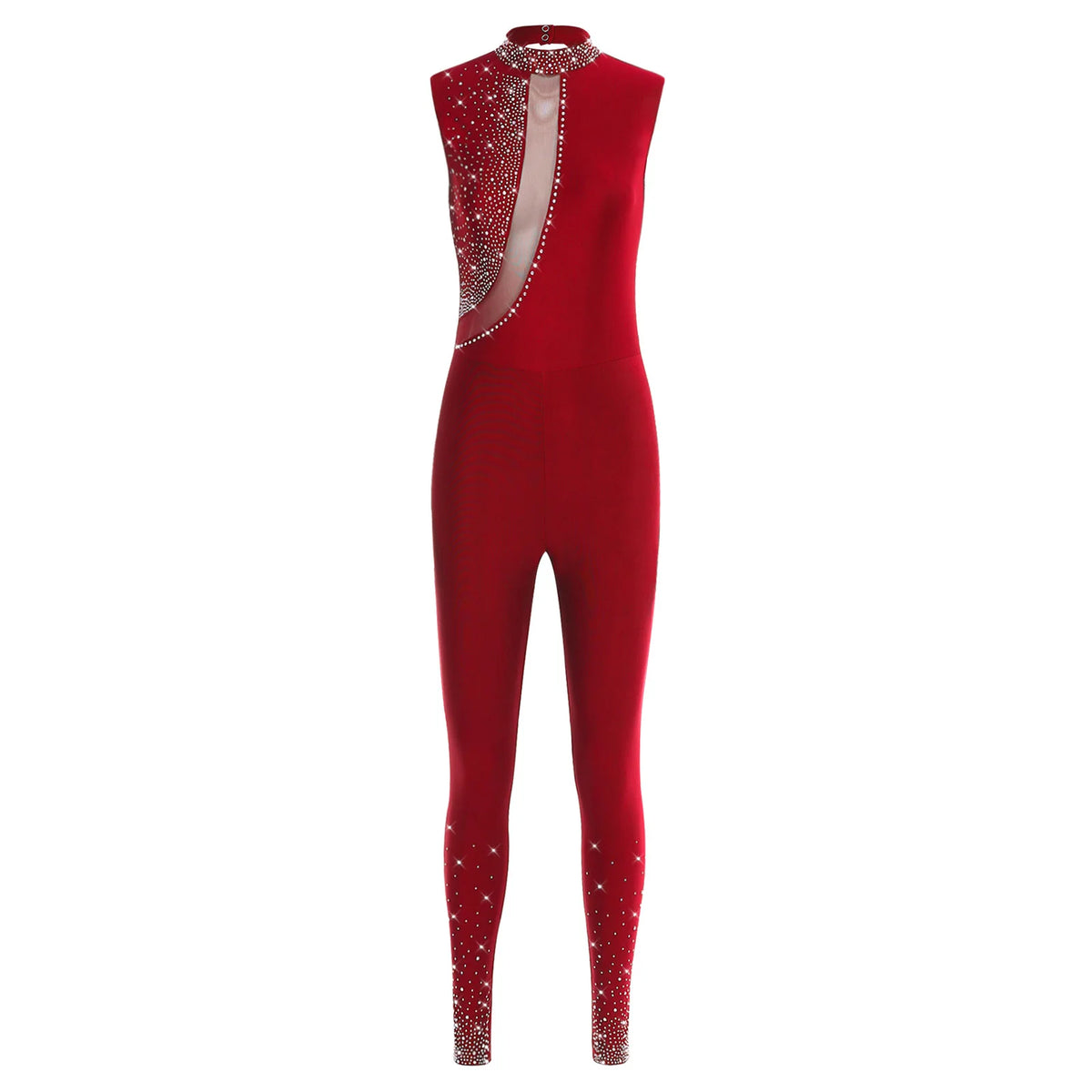 Women's Rhinestone Gymnastics Unitard | Mesh Patchwork & Asymmetric Shoulder | Performance Jumpsuit