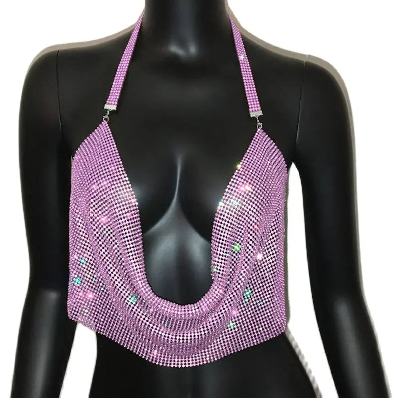 Rhinestone Crystal Deep V Crop Top - Sheer Backless Adjustable Tank