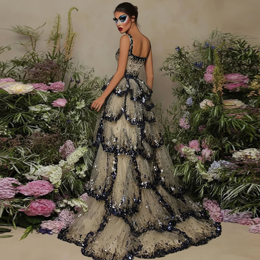 Tiered Ruffle Ball Gown | Sequin Lace Trim | Black Champagne