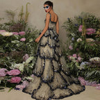 Tiered Ruffle Ball Gown | Sequin Lace Trim | Black Champagne
