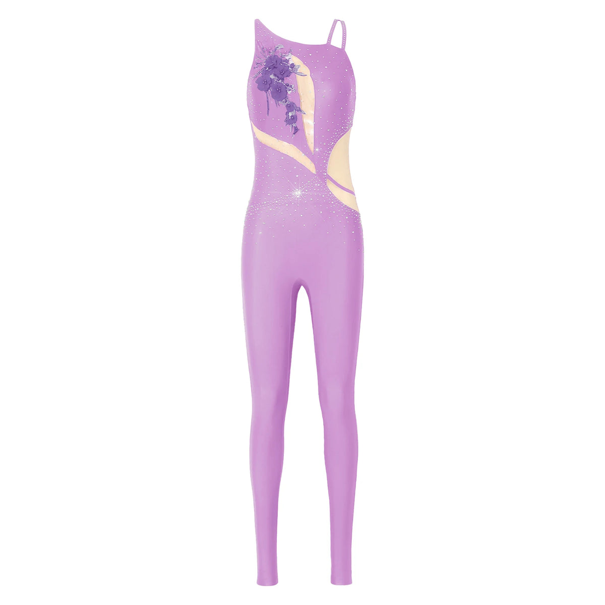 Women's Rhinestone Gymnastics Unitard | Mesh Patchwork & Asymmetric Shoulder | Performance Jumpsuit