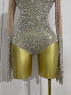 Rhinestone Mesh Bodysuit | Long Sleeve & Gloves | S–XL