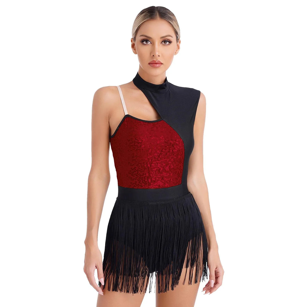 Sequin Tassel Latin Dance Dress | One-Shoulder | Fringe Skirt