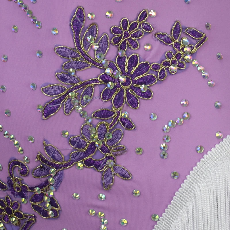 Purple Rhinestone Latin Dance Dress with Tassel & Applique Details