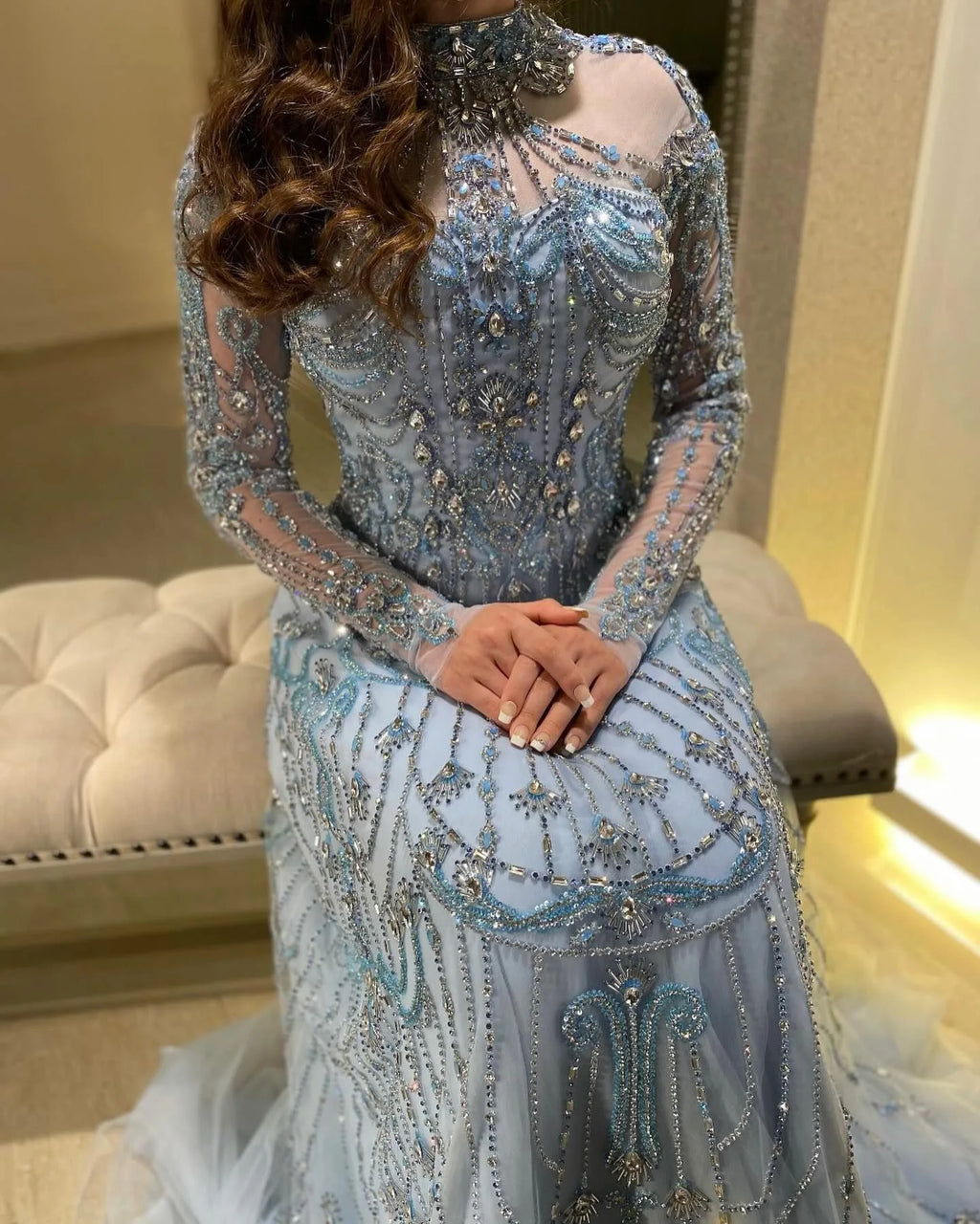 Crystal Beaded A-Line Gown | High Neck Long Sleeve | Blue & Champagne