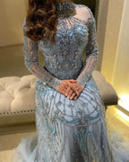 Crystal Beaded A-Line Gown | High Neck Long Sleeve | Blue & Champagne