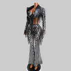 Black & White Stripes Tassel Flared Pants Coat – 2 Piece Stage Outfit