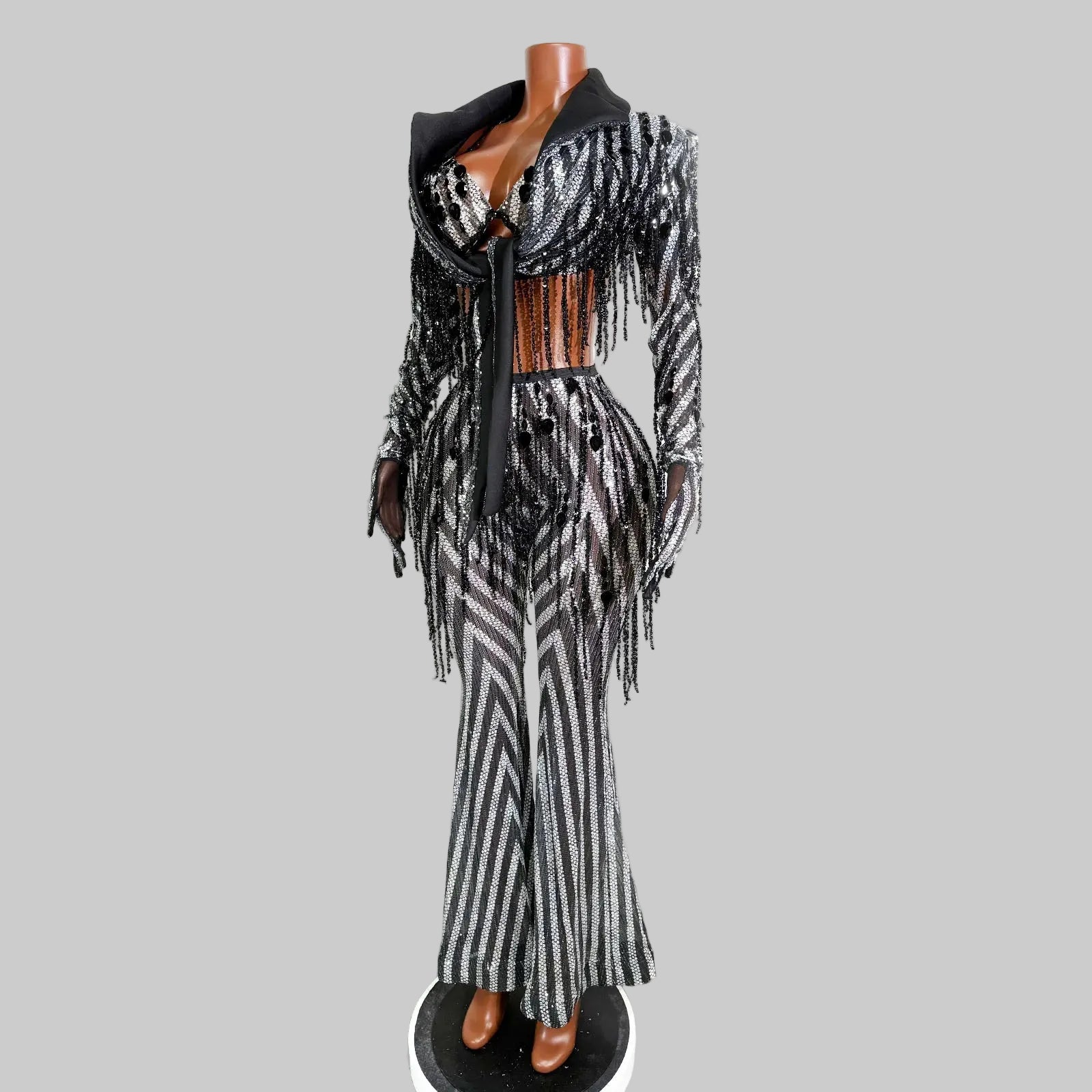 Black & White Stripes Tassel Flared Pants Coat – 2 Piece Stage Outfit