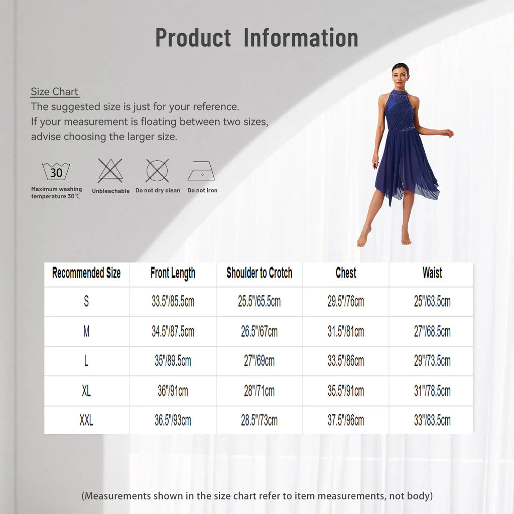 Women's Rhinestone Halter Lyrical Dance Dress | Irregular Mesh Ruffle Hem | Competition & Performance