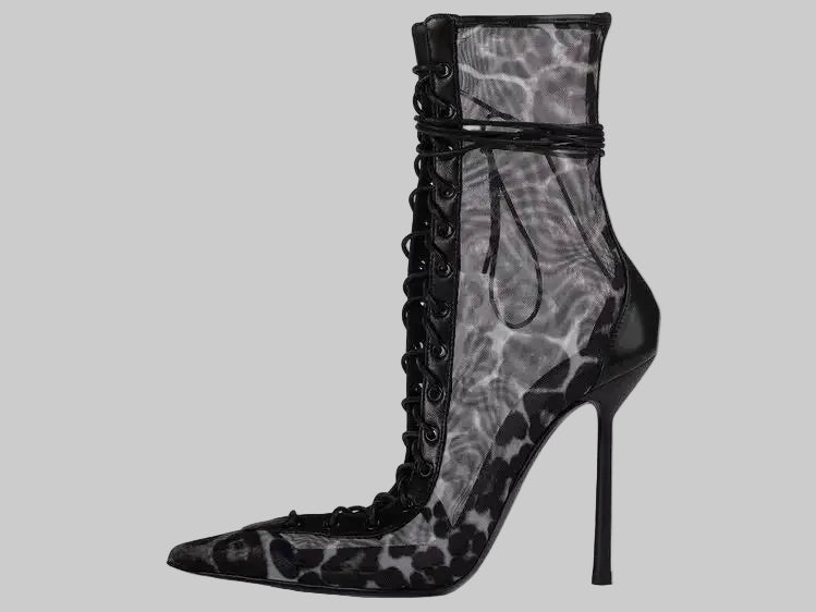 Mesh Lace-Up Knee-High Boots - Pointed Toe Stiletto Heels for Stage & Performance
