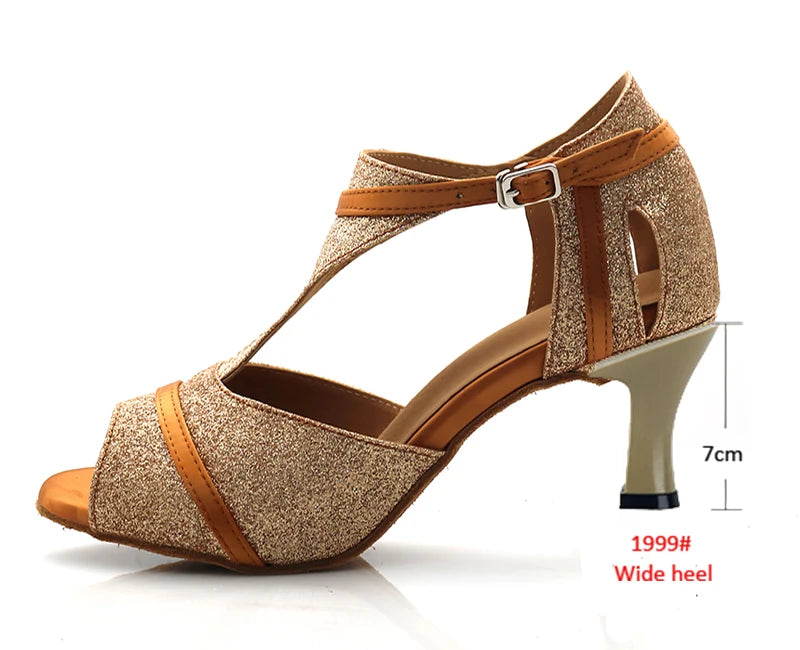 Glitter T-Strap Latin Dance Sandals | Thin Heel | 6–10cm | Nude