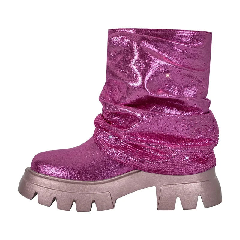 Rhinestone Fold-Over Mid-Calf Boots — Sizes 5 to 15