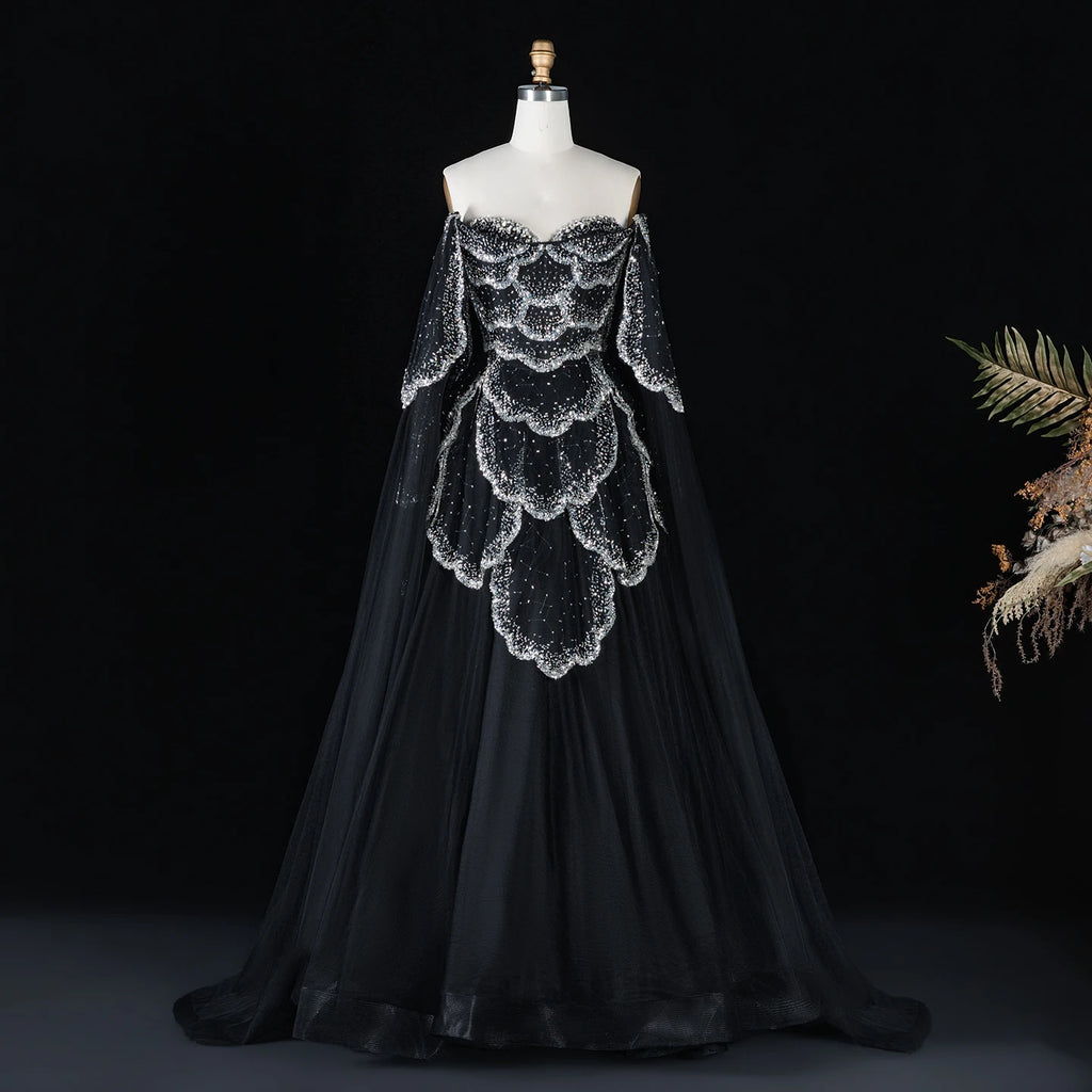 Elegant Off-Shoulder Gown | Crystal Beading | Cape Sleeves