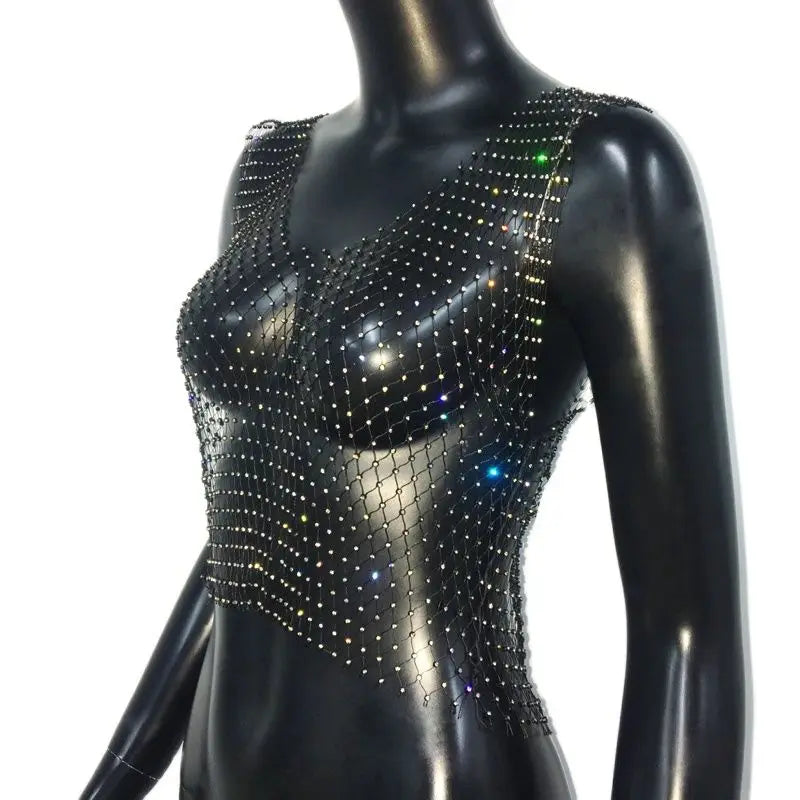 Fishnet Rhinestone Crop Top - Sheer Mesh Tank with Crystal Diamonds