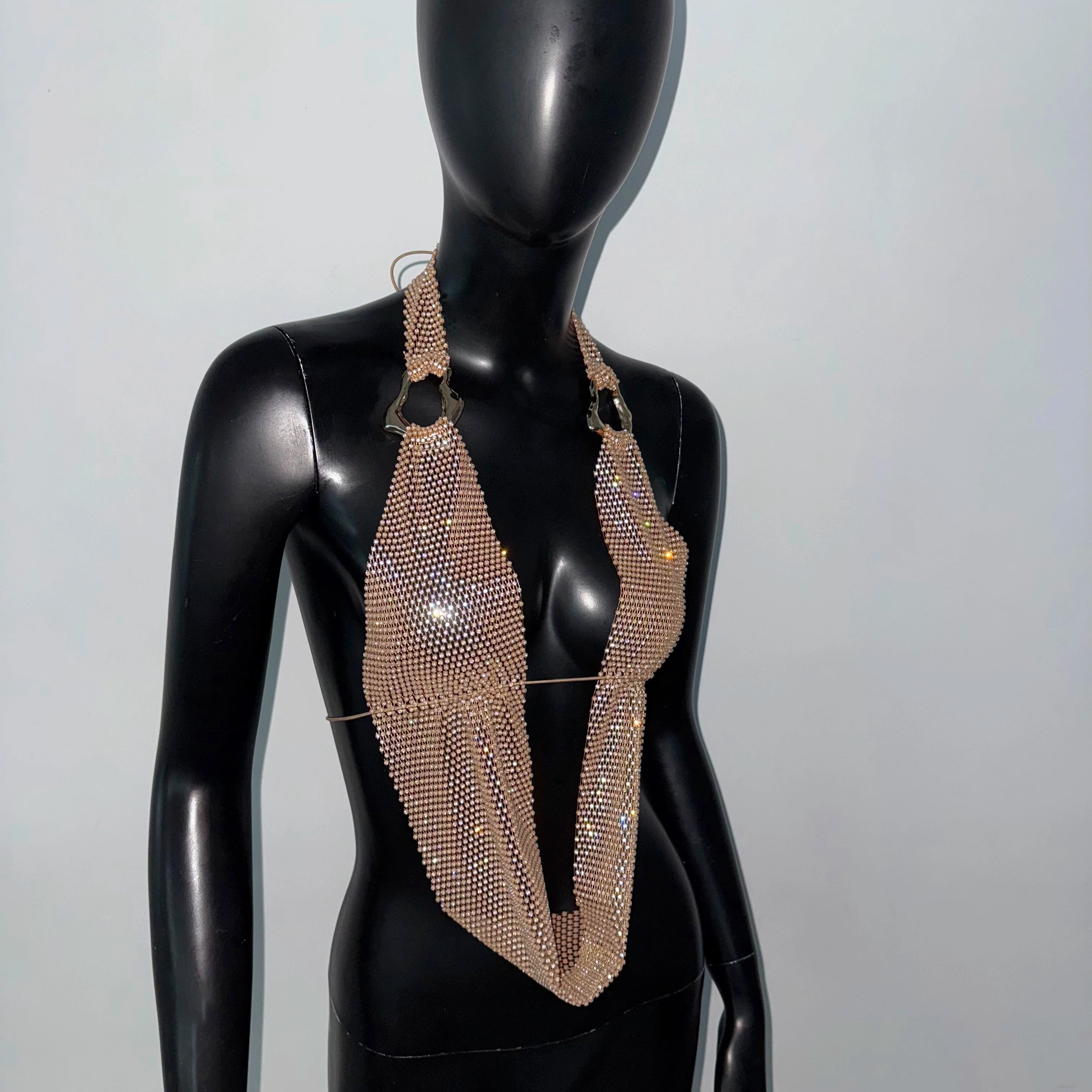 Rhinestone Mesh Halter Crop Top - Sheer Backless