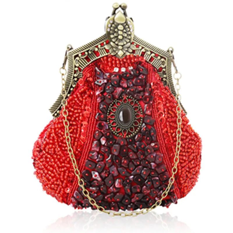 Retro Pearl & Sequin Beaded Clutch | Antique Gold Frame Bag