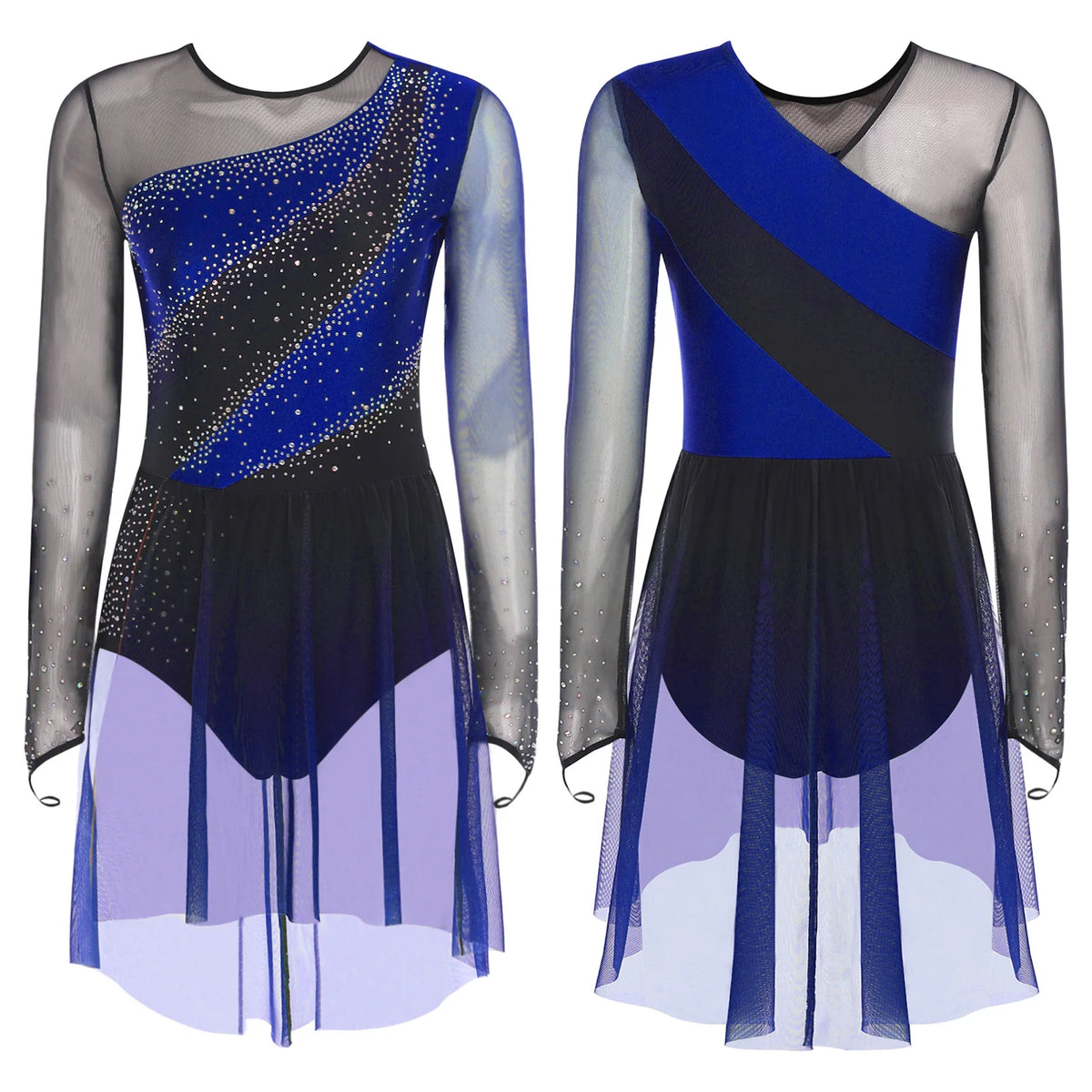 Rhinestone Sequin Leotard Dress | Mesh Long Sleeve | Gradient Skirt | Figure Skating