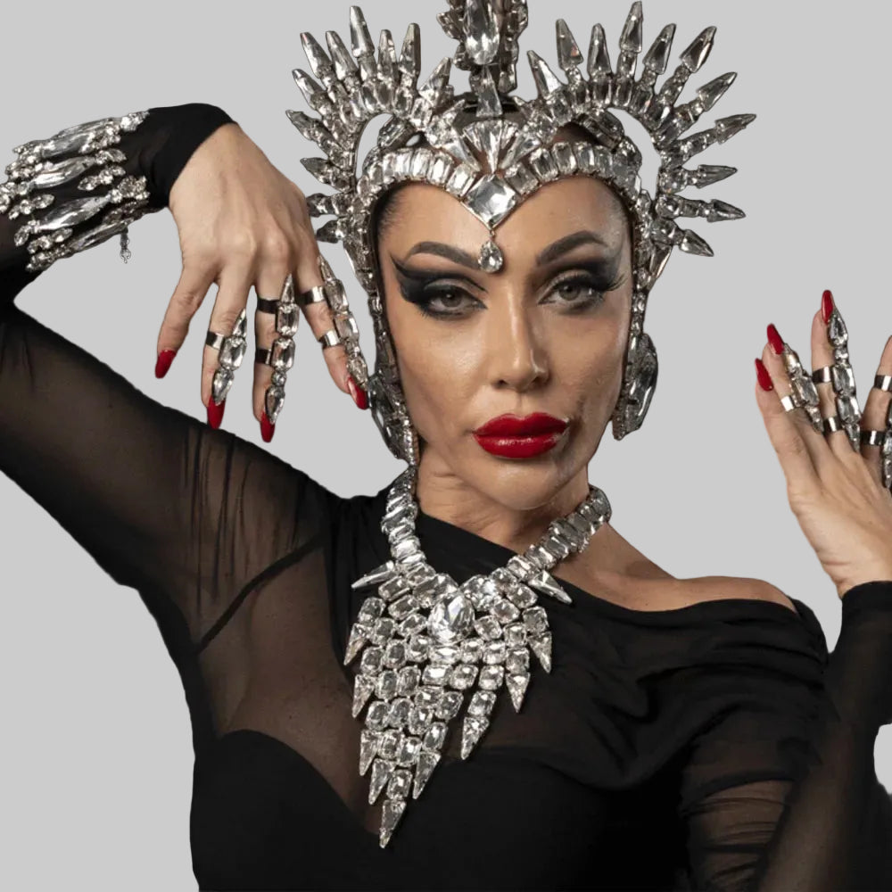 Exaggerated Crystal Stage Jewelry Set - Rhinestone Necklace, Headpiece & Ring for Drag & Performance