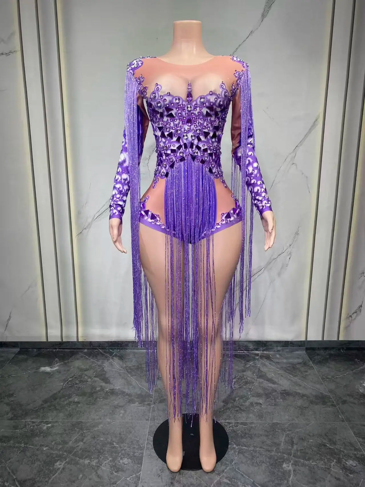Rhinestone Fringe Bodysuit | 3D Floral | Purple & Red | S–XL