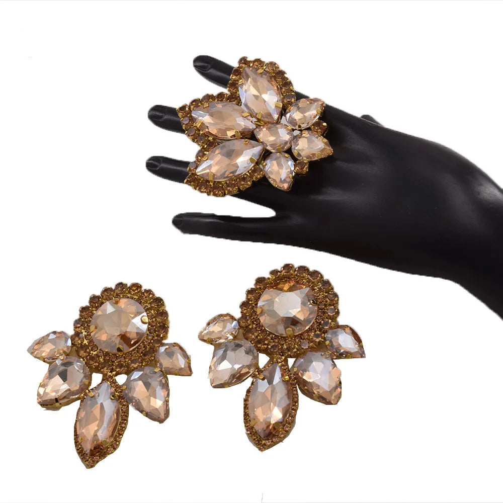 Rhinestone Earring & Ring Jewelry Set | Clip-On or Pin | 10 Colors