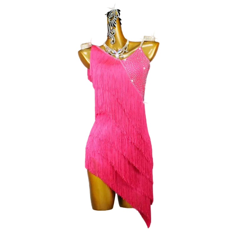 Red Rhinestone Latin Dance Dress with Tassel Details