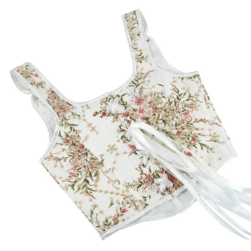 Floral Print Overbust Corset | Straps & Lace-Up | Vintage