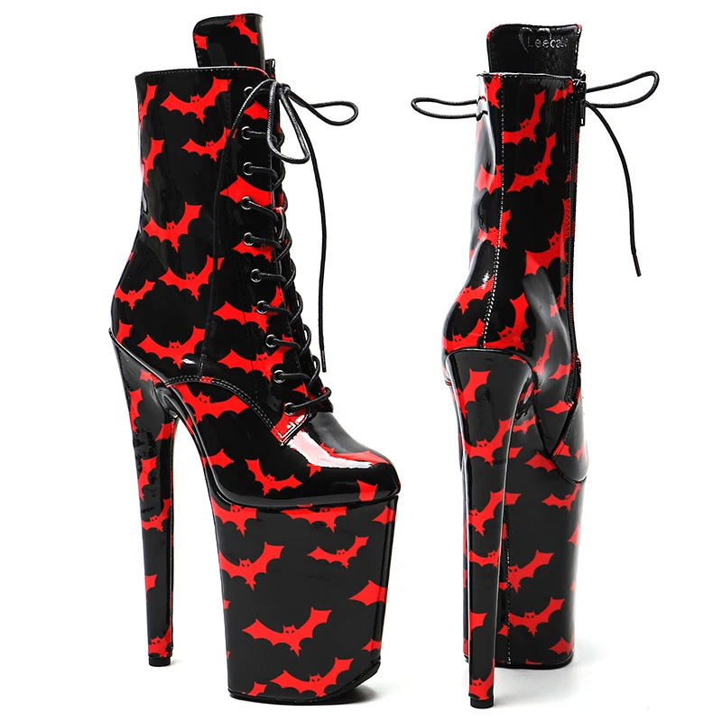 9-Inch Bat Pattern Platform Boots - Patent Ankle Dance Boots