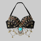 Tribal Belly Dance Bra - Vintage Gypsy Style with Beads, Mirrors & Coin Drapes