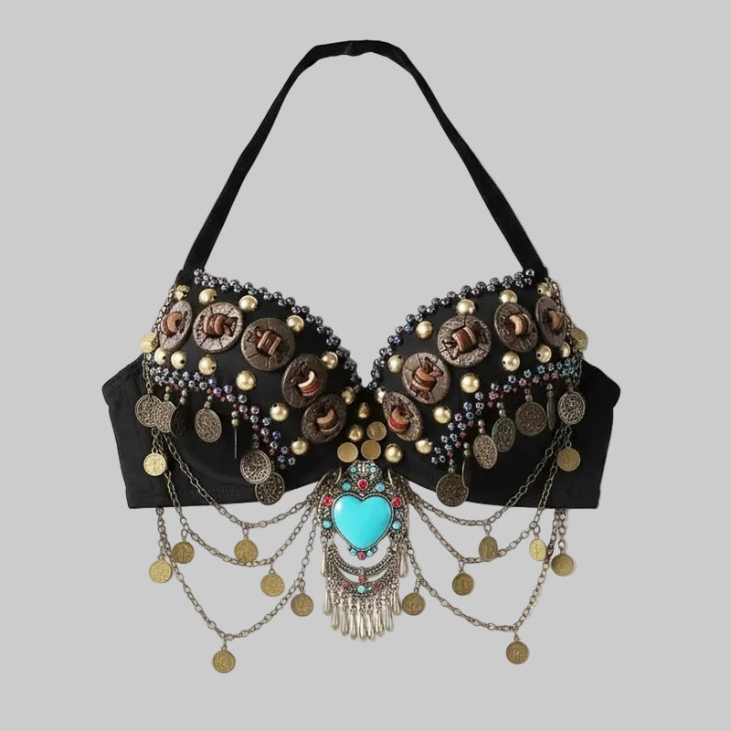 Tribal Belly Dance Bra - Vintage Gypsy Style with Beads, Mirrors & Coin Drapes