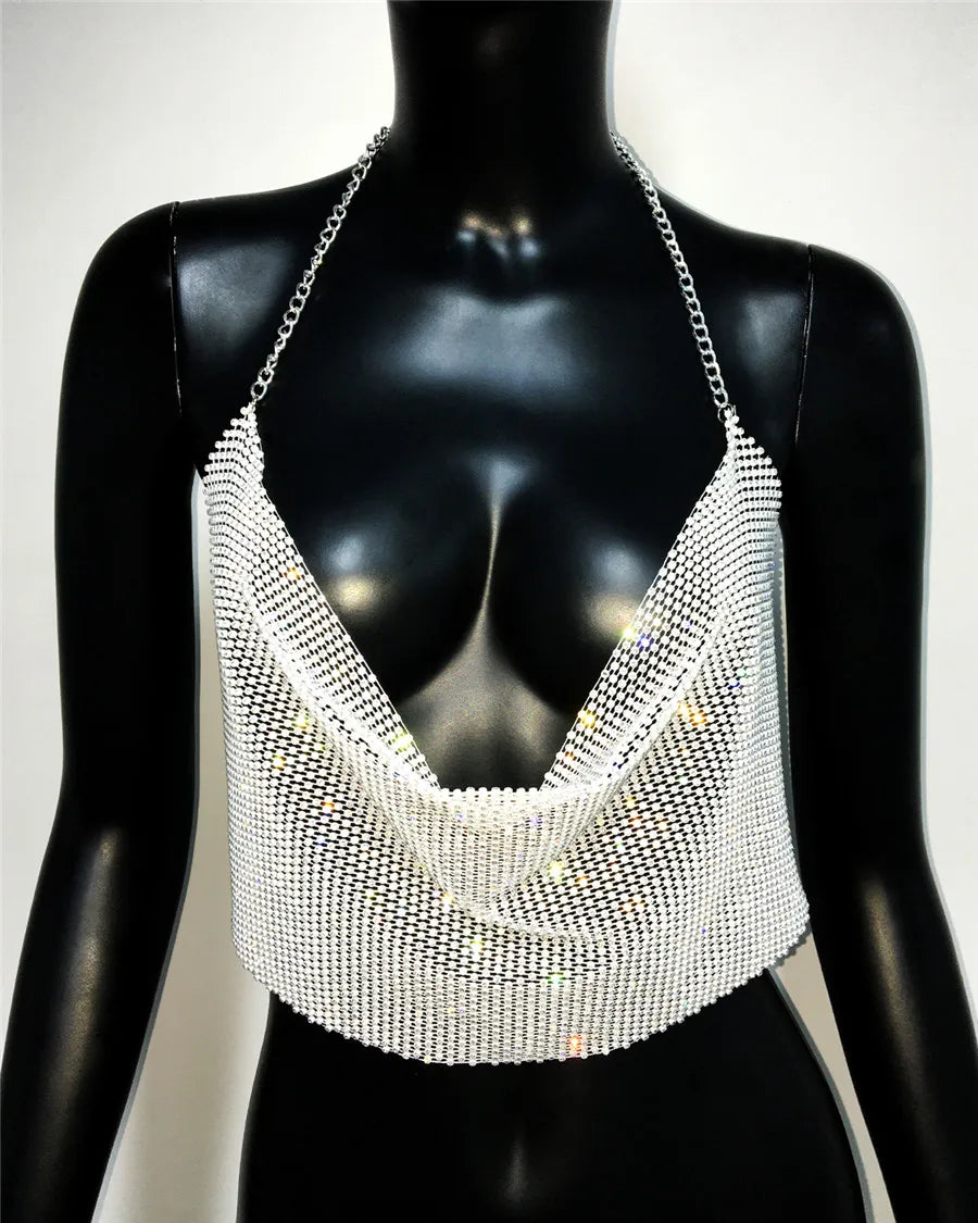 Rhinestone Fishnet Halter Crop Top - Sheer Deep V Backless Tank